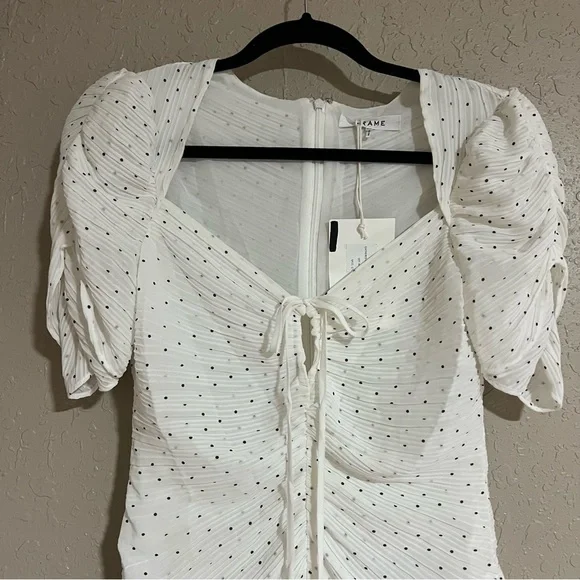 Frame Ruched Tie Neck Polka Dot Midi Dress Size Small - Picture 4 of 6